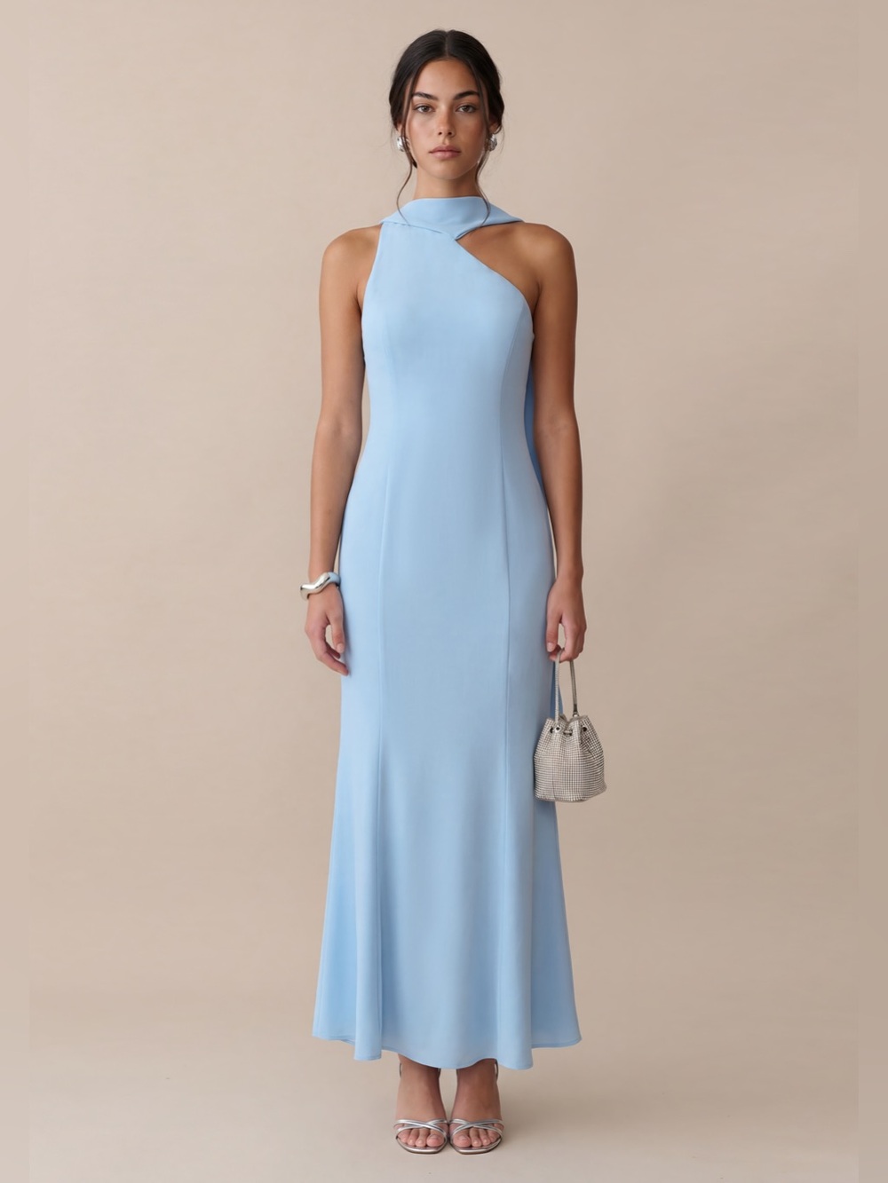 NWT Few Moda Citara Dress size 12 Light Blue one shoulder chiffon maxi o.p.t